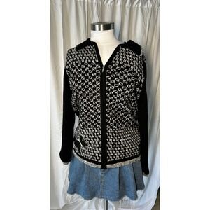 Allison Daley Vintage Black White Houndstooth Scottie Dog Zip Up Cardigan Med